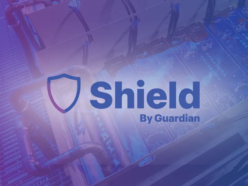 Shield by Guardian logo with a blue shield icon on a blue-purple tech background.